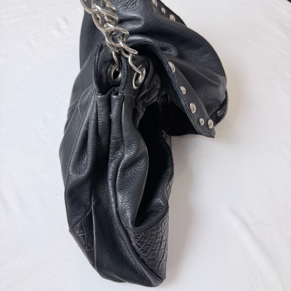 Vintage LEATHEROCK USA Black Pebbled Leather Jewel Studded Rocker Hobo Y2K Biker - Picture 9 of 16